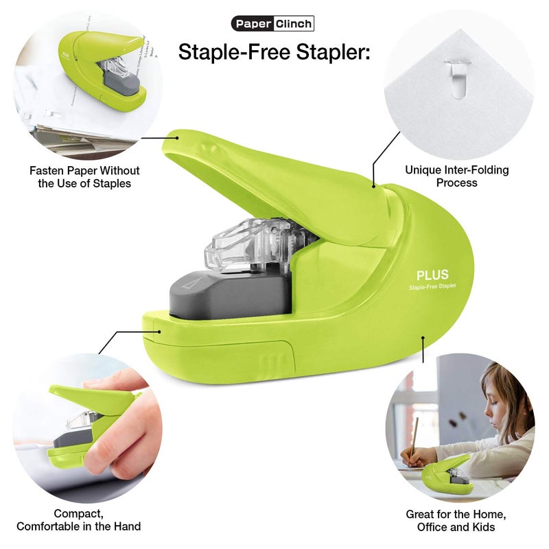 Plus Paper Clinch Compact Staple-Free Stapler, Green - Image 2